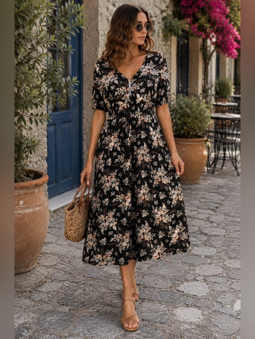 BROVAVE Black Floral Boho Midi Dress SZ L Cottagecore Romantic